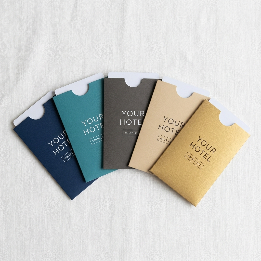 Flat-lay of hotel key card holders printed in a range of brand colours