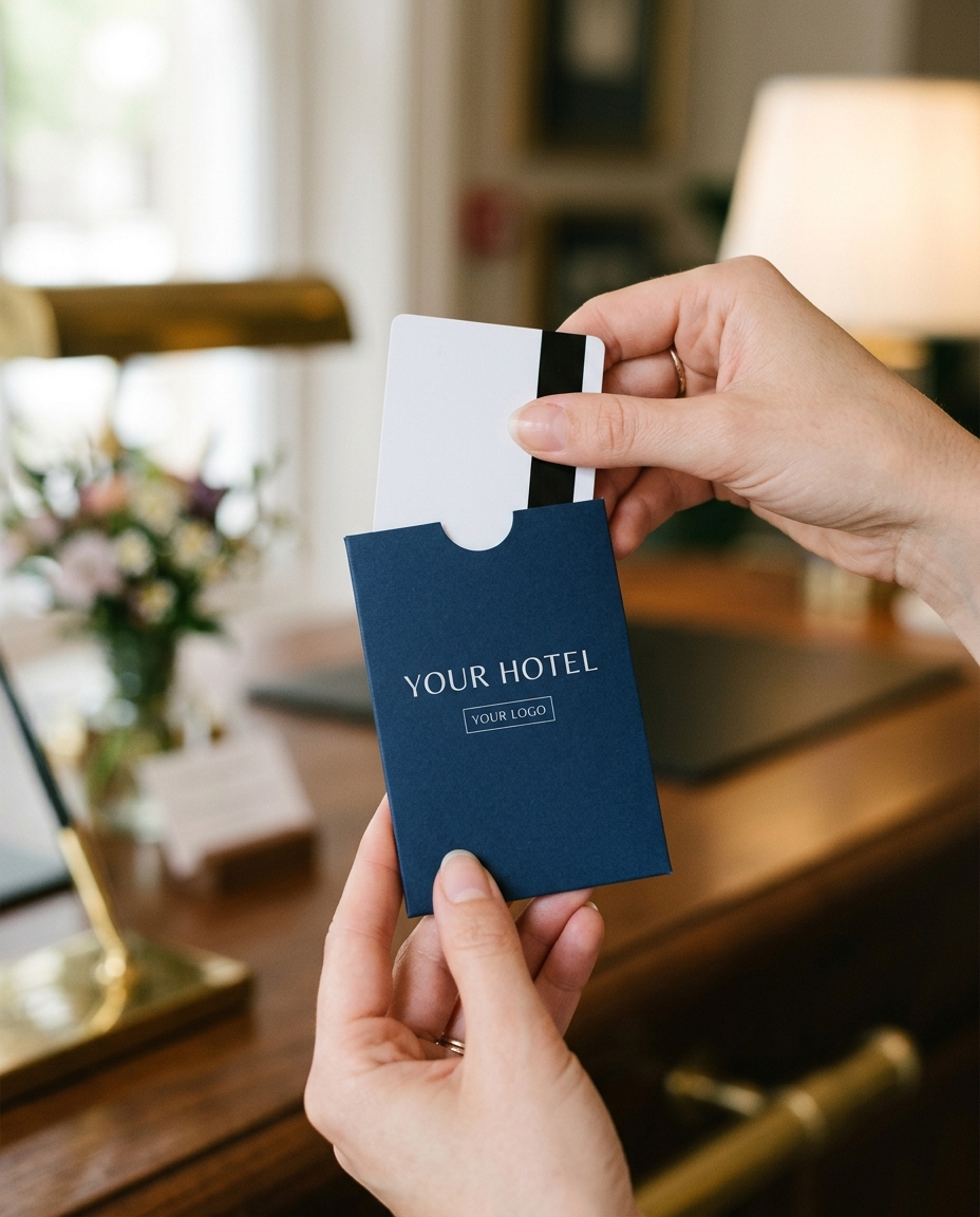 Hand removing the room key card from a branded hotel key card holder